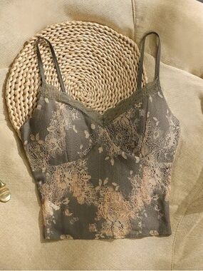 Lace Trim Floral Cami Tank in Olive Green and Beige